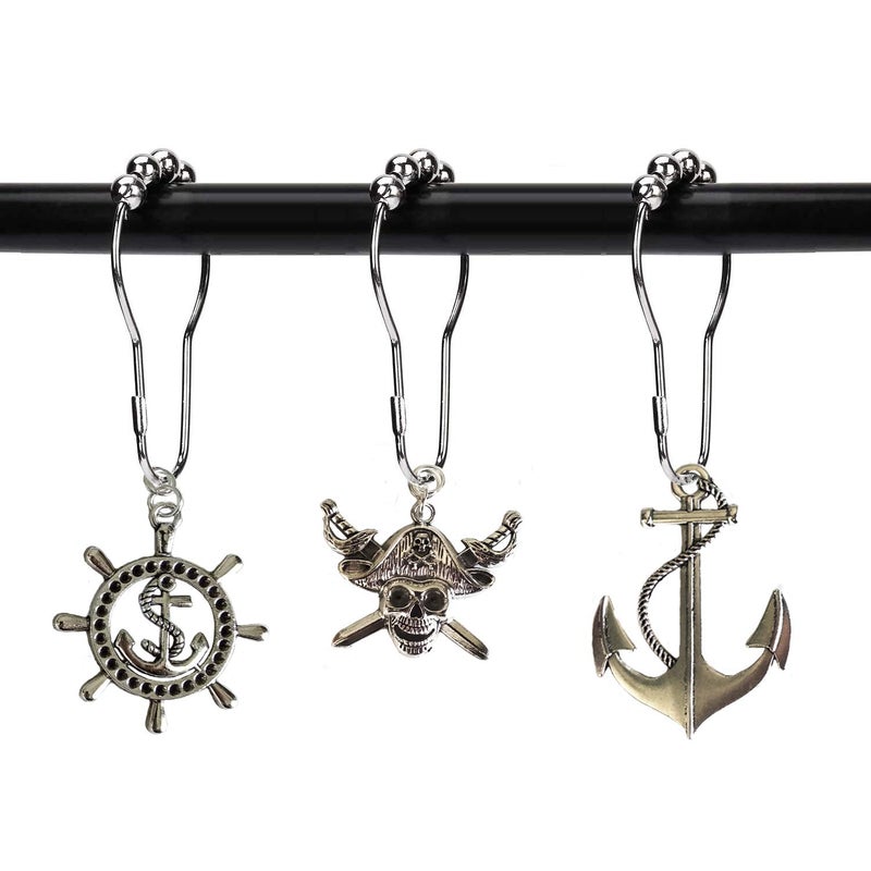 Aimoye Nautical Shower Curtain Hooks Rings - Pirate Skull Anchor Rudder Decorative Bathroom Accessories Set, Silver Metal Shower Hooks for Shower Curtain, Tropical Ocean Beach Sea Theme Bathroom Decor - Image 1